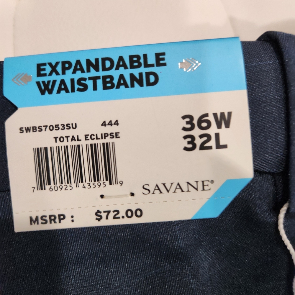 NEW Savane 36x32 Mens Stretch Crosshatch Pleated Cuffed Dress Pants Blue NWT - Picture 4 of 7